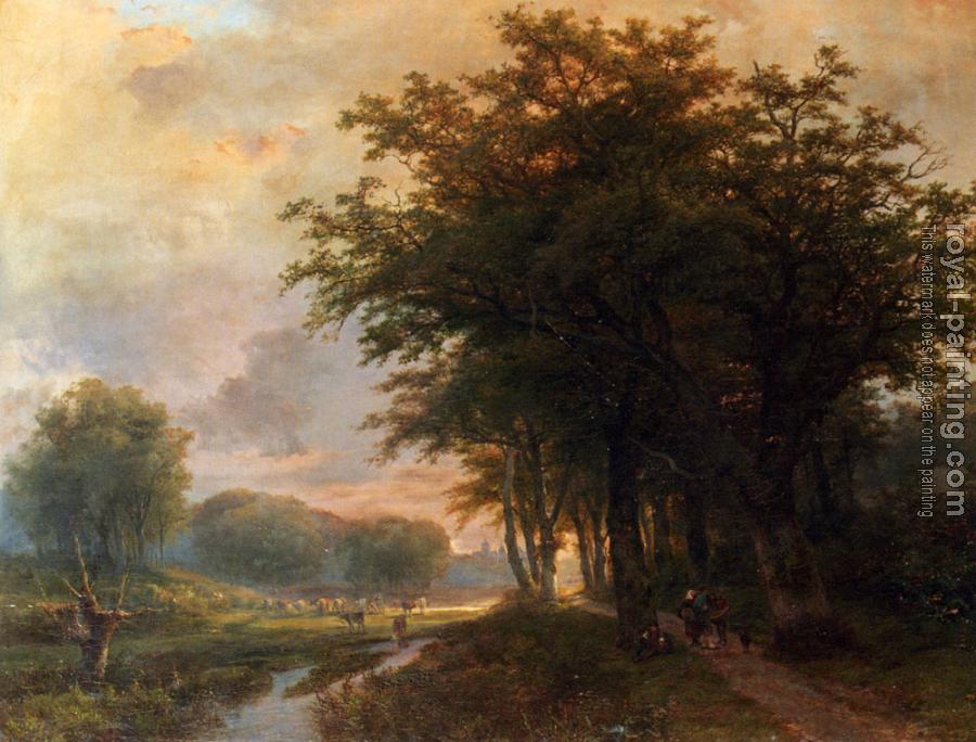 Johann Bernard Klombeck : A Wooded River Valley With Peasants On A Path